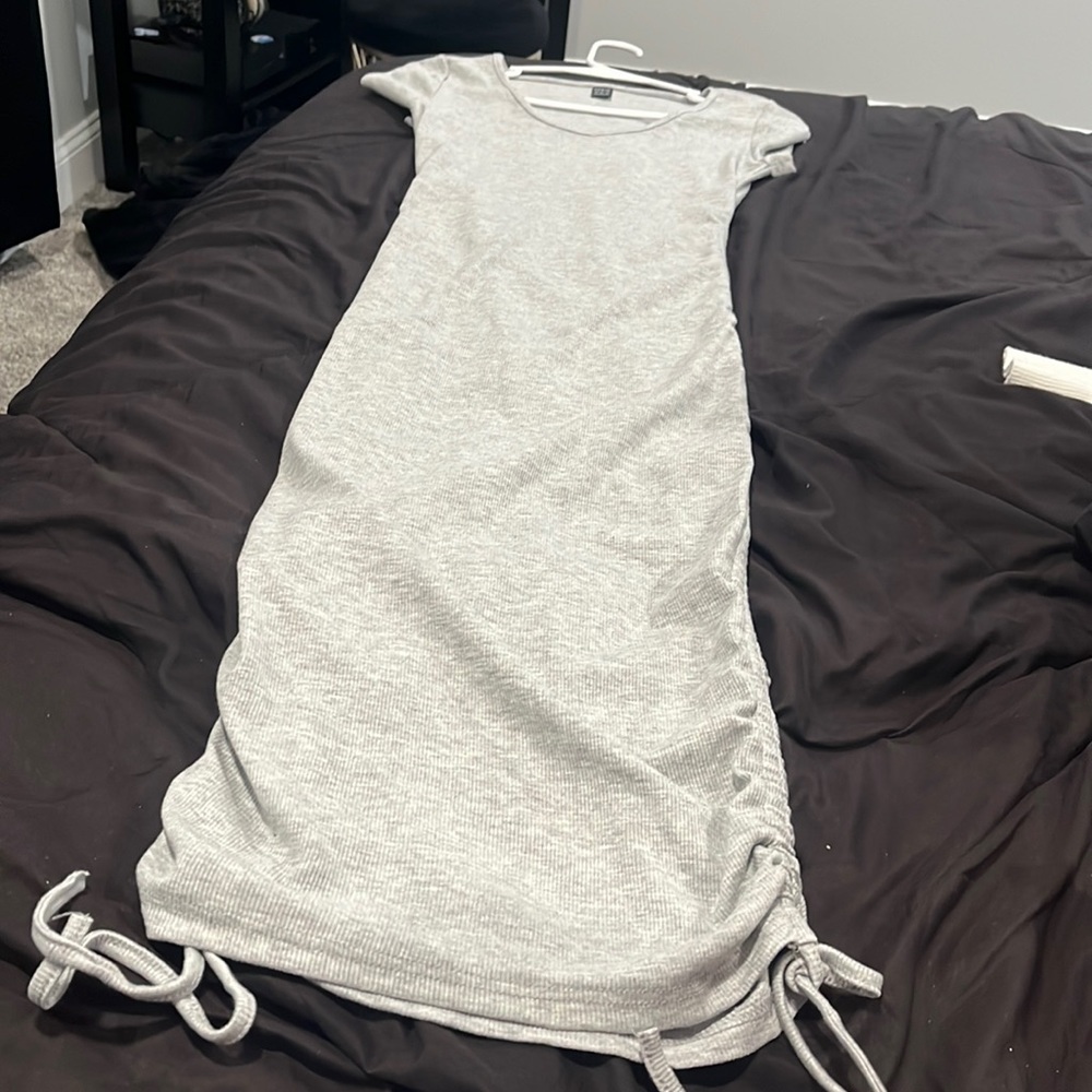 thin long grey scrunch dress